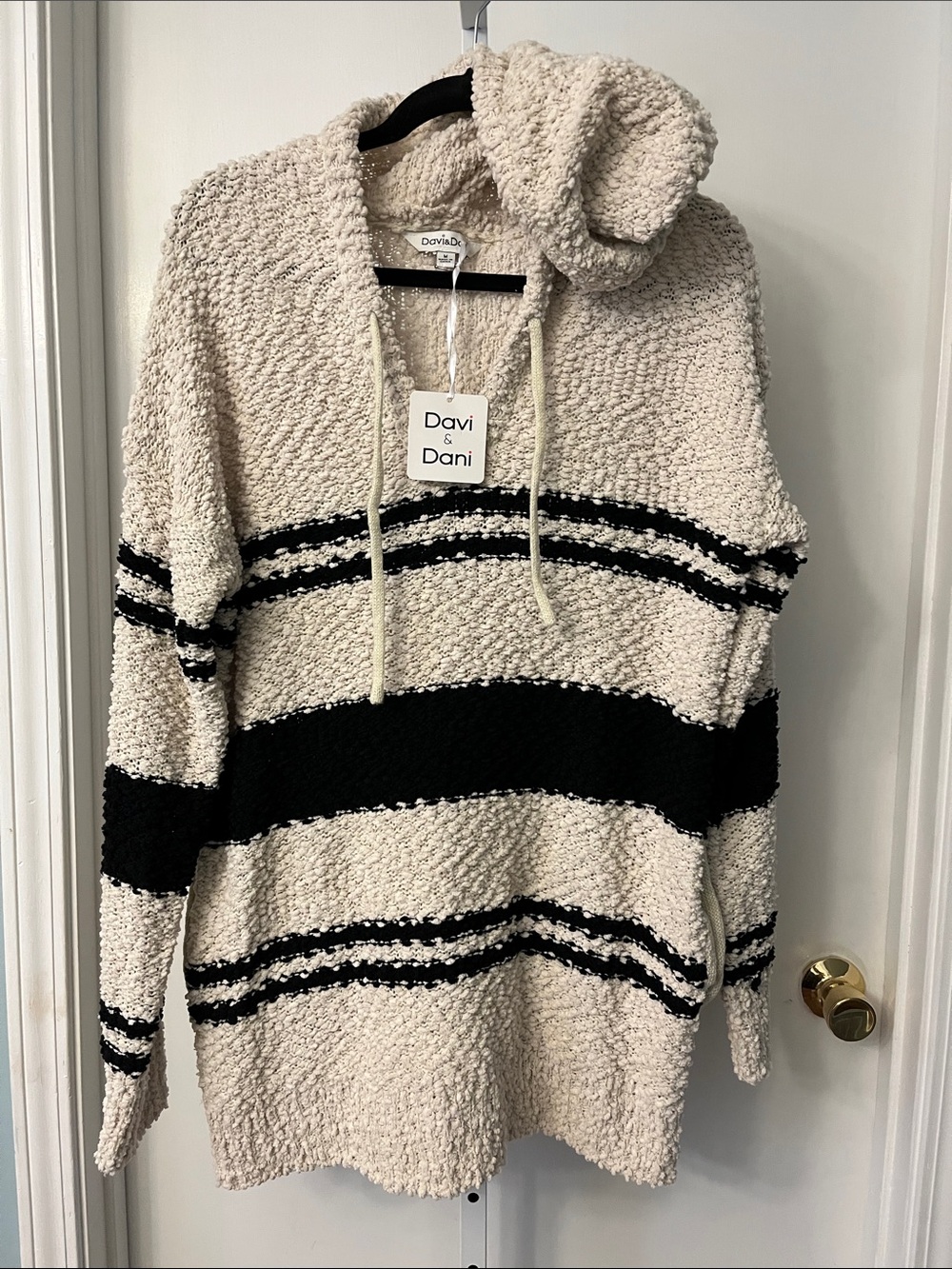 DAVI & DANI Cream and Black Striped Hooded Sweater